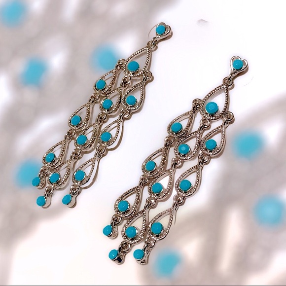 Silvertone Turquoise Long Dangle Earrings - Picture 5 of 6